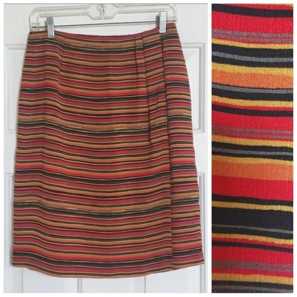 Vintage 80s CHAUS Wrap Skirt Red Black Orange Yellow Painterly Stripe - Picture 3 of 11